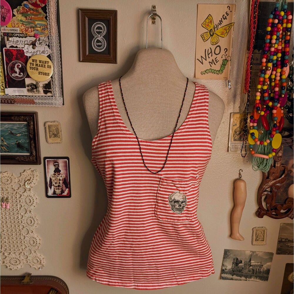Vintage Skull Patch Tank Top Women's Large Striped Red White